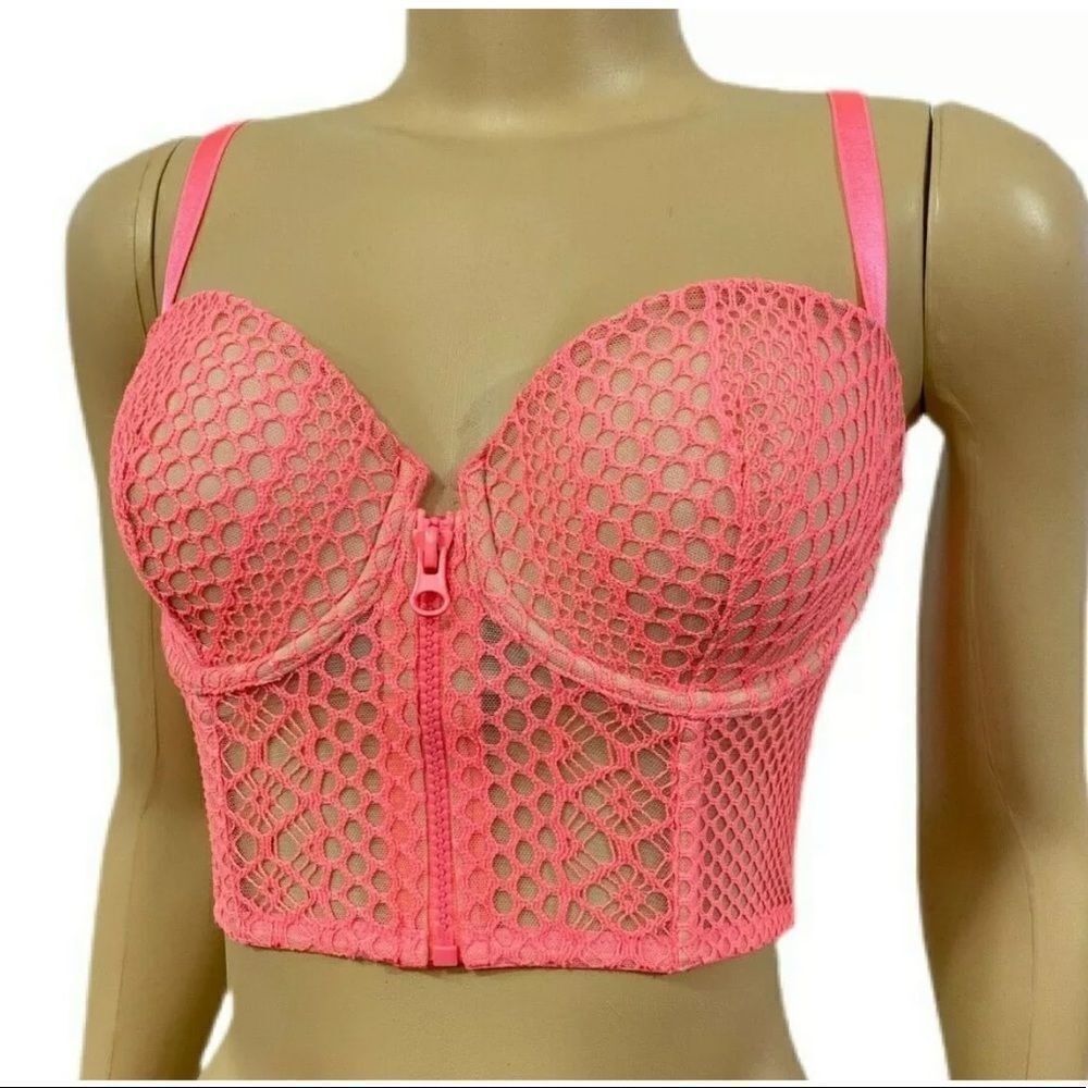 Victoria’s Secret Longline Lightly Lined Demi Fishnet Zip Up Bra Coral 34DD